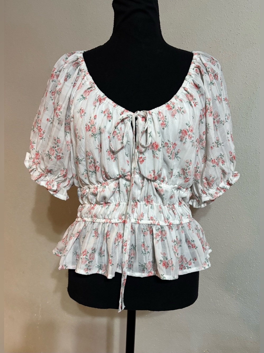 Floral Puff Sleeve Peplum Blouse Pink Rose Print with tie-up neck